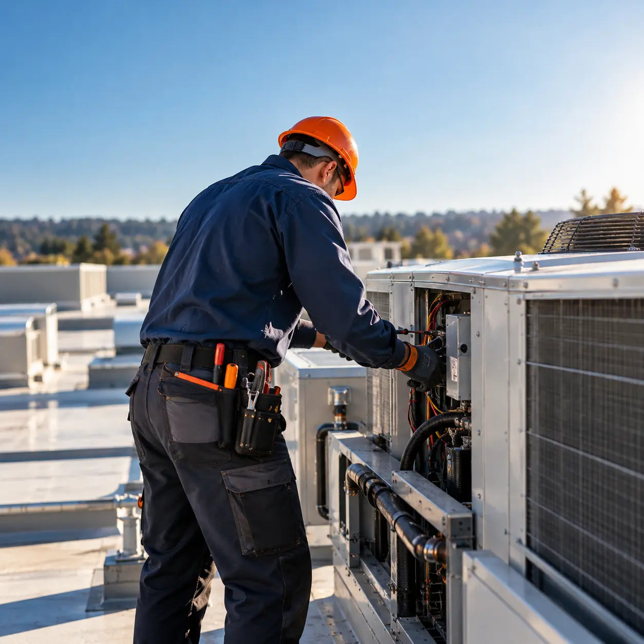 Technik HVAC podczas prac serwisowych przy instalacji klimatyzacji